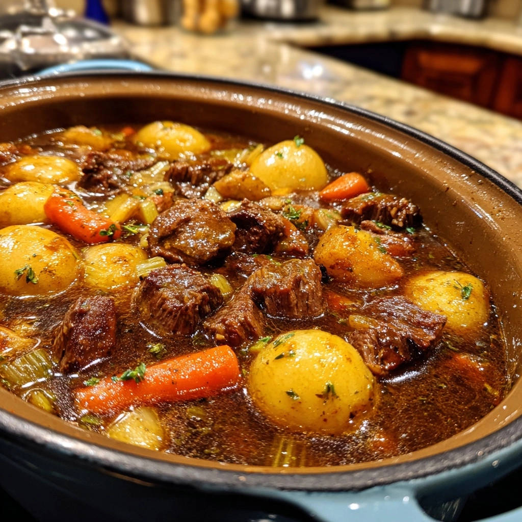 Hearty beef stew with tender chunks of beef, potatoes, and carrots simmering in a rich broth in a Dutch oven.