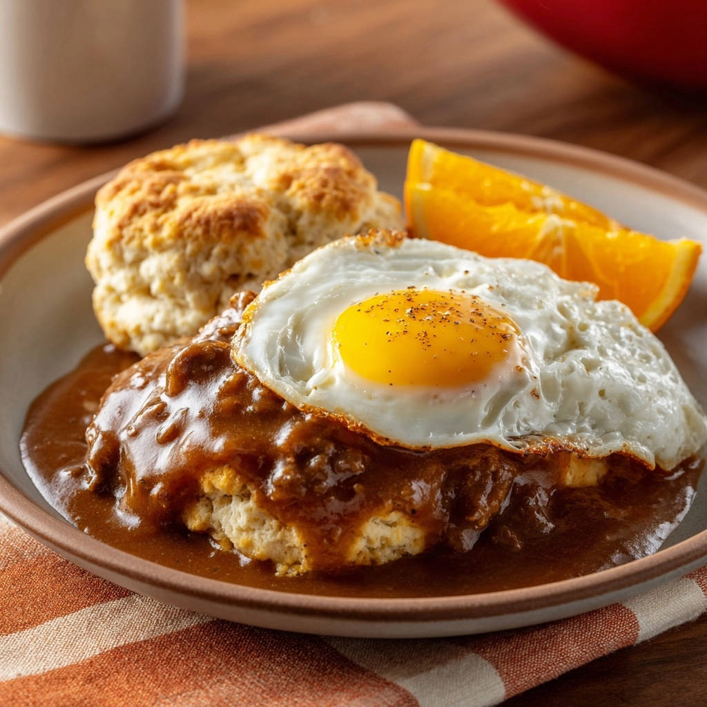 Hearty biscuit breakfast with savory gravy, featuring a sunny-side-up egg and orange slice, plated close-up.