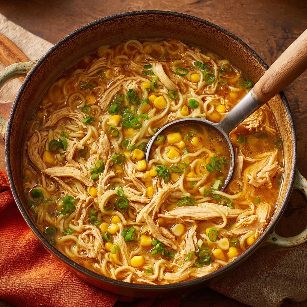 Hearty chicken and corn noodle soup shown with a ladle scooping a generous portion from the pot.