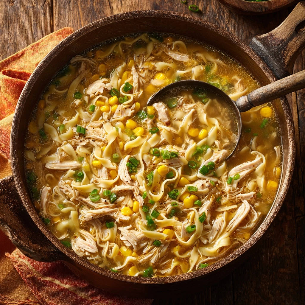 Hearty chicken and corn noodle soup with a ladle scooping a generous portion from the rustic bowl.