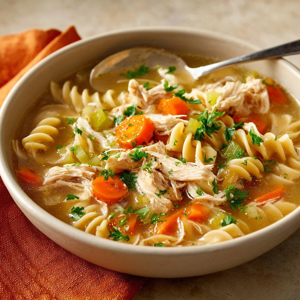 Hearty chicken noodle soup in a bowl, featuring rotini pasta, shredded chicken, carrots, and celery, with a spoon.