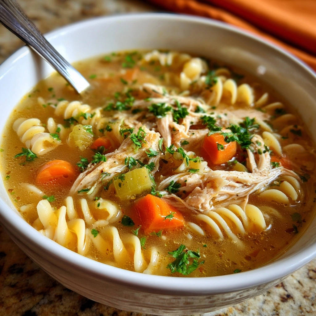 Hearty chicken noodle soup with fusilli pasta and vegetables in a close-up view, showcasing the texture of the ingredients.
