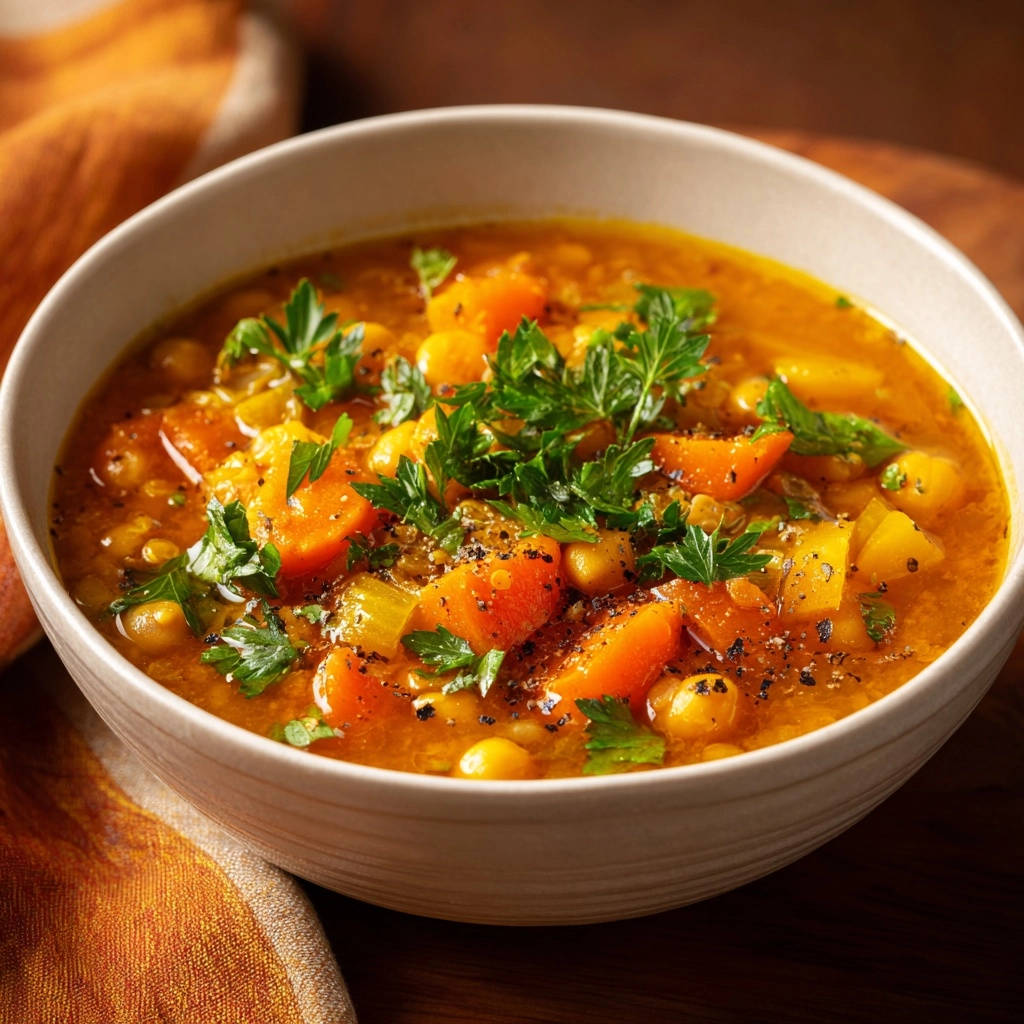 Hearty chickpea and carrot stew shown in a bowl, garnished with fresh parsley and black pepper.