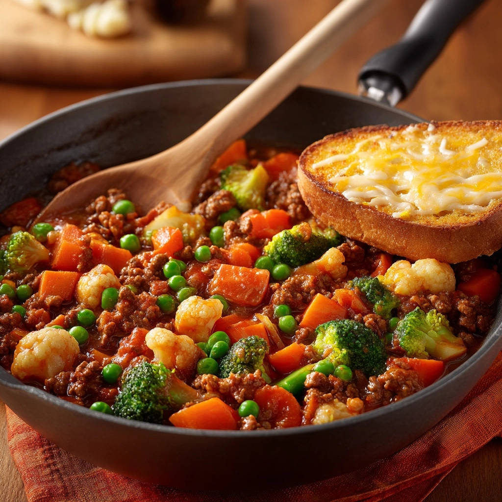 Hearty ground beef and veggie skillet with a rich sauce and a slice of cheesy garlic toast, shown in a close-up view.