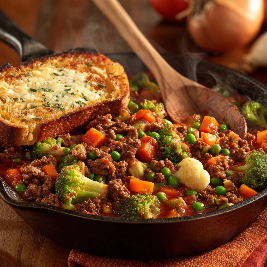 Hearty ground beef and veggie skillet with a steaming slice of cheesy garlic toast in a cast iron pan.