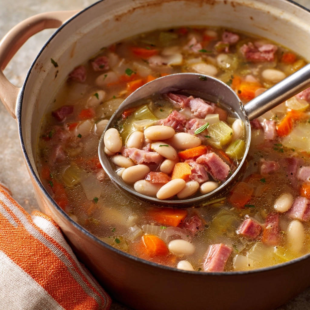 Hearty ham and bean soup with a ladle full of beans, ham, and vegetables being served from the pot.