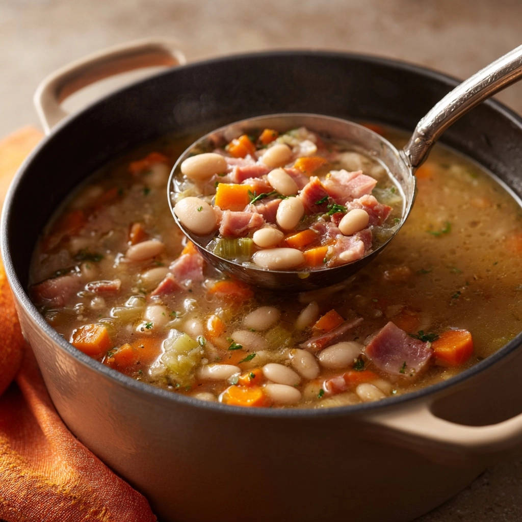 Hearty ham and bean soup being scooped into a ladle from a pot, showing its rich ingredients.