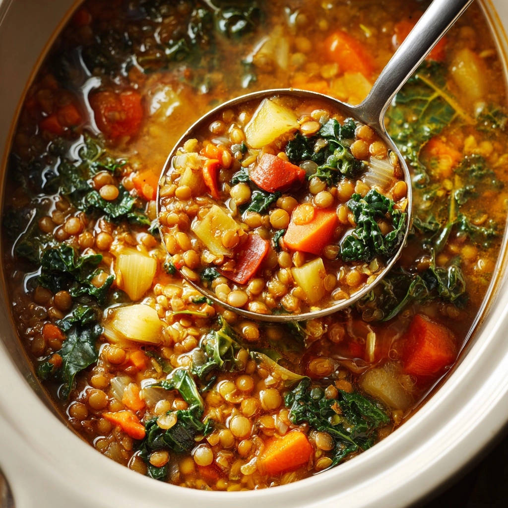 Hearty slow cooker lentil soup shown close-up with a ladle scooping up a serving filled with vegetables and lentils.
