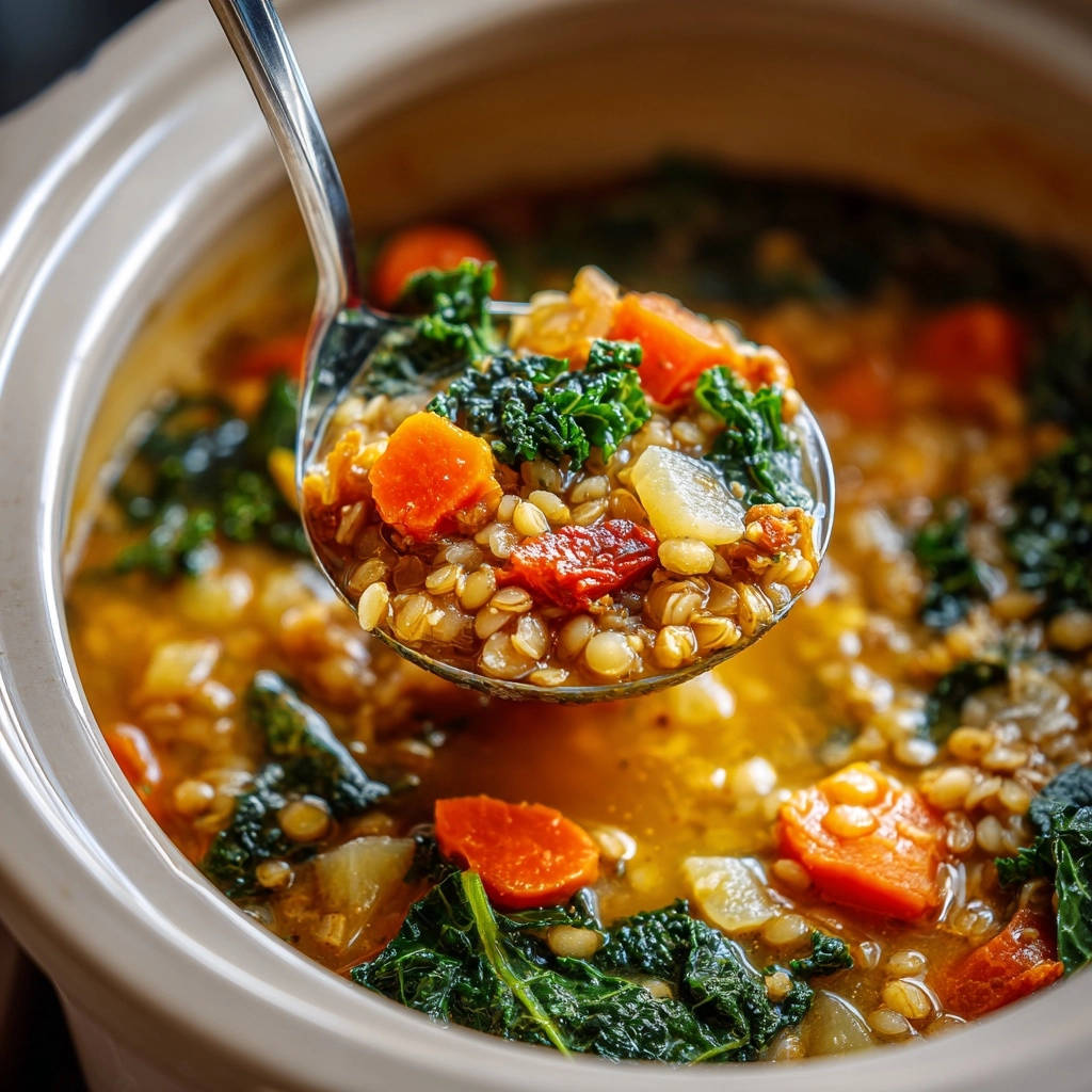 Hearty slow cooker lentil soup shown in a ladle, featuring lentils, carrots, and kale.