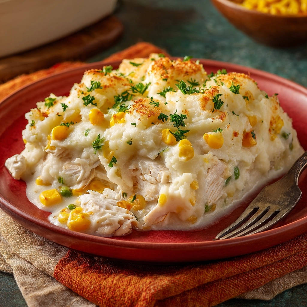 Homestyle chicken and corn bake shown in a cross-section on a red plate with a fork, garnished with parsley.