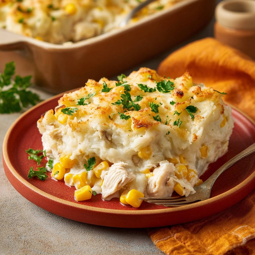Homestyle chicken and corn bake slice served on a red plate, showcasing layers of chicken, corn, and mashed potato topping.
