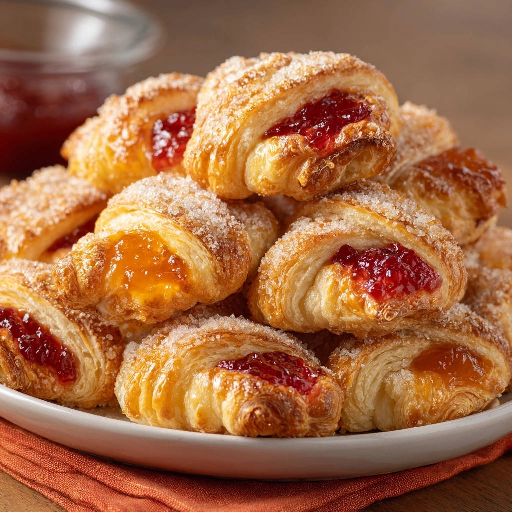 Flaky jam crescent rolls close-up, showing the glistening sugar topping and golden-brown pastry.