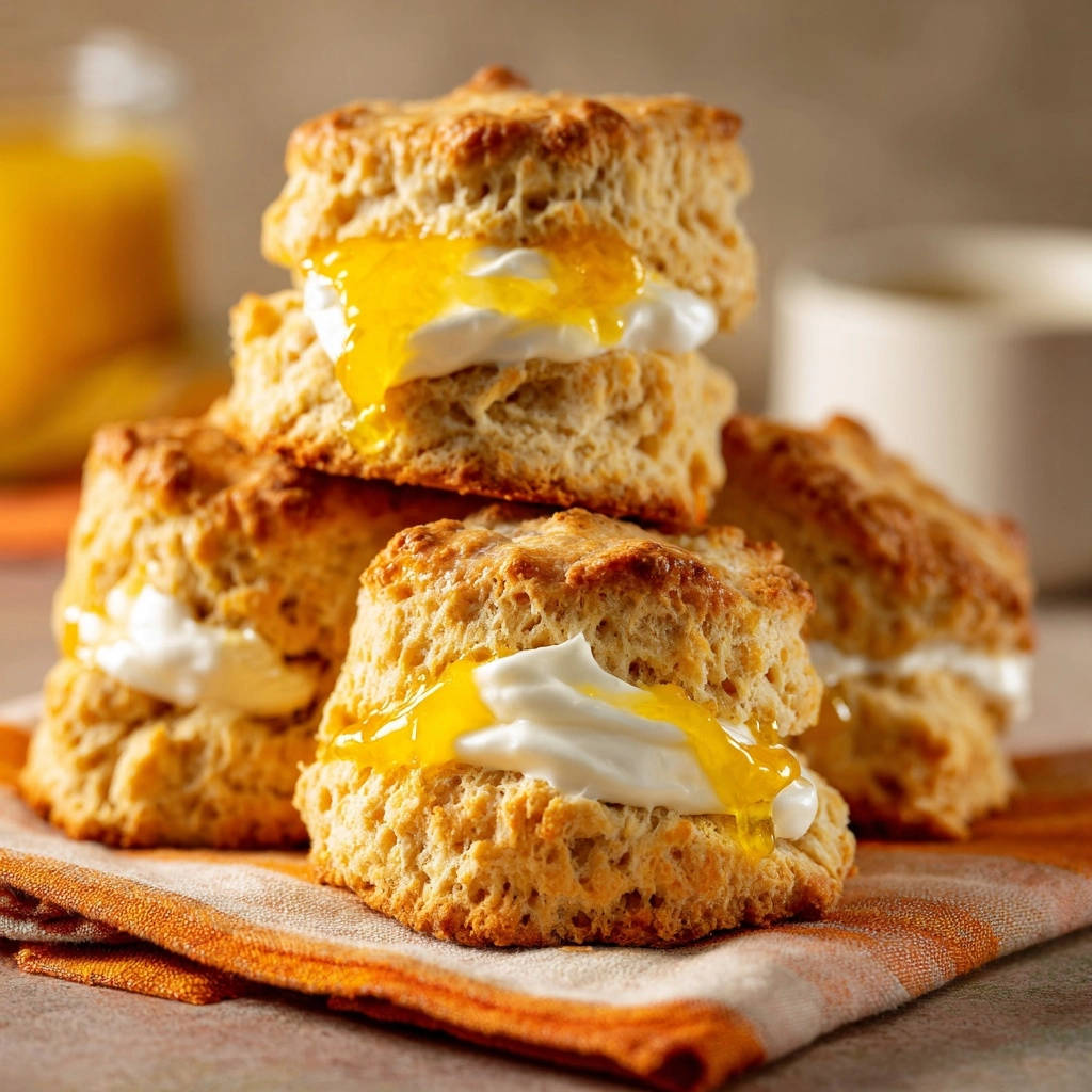 Layered buttermilk biscuits with cream and curd stacked high, showing a dollop of bright yellow curd on top.