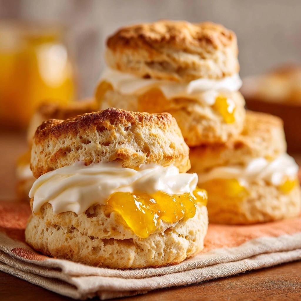 Layered buttermilk biscuits with cream and curd shown stacked high, revealing their flaky texture and sweet filling.