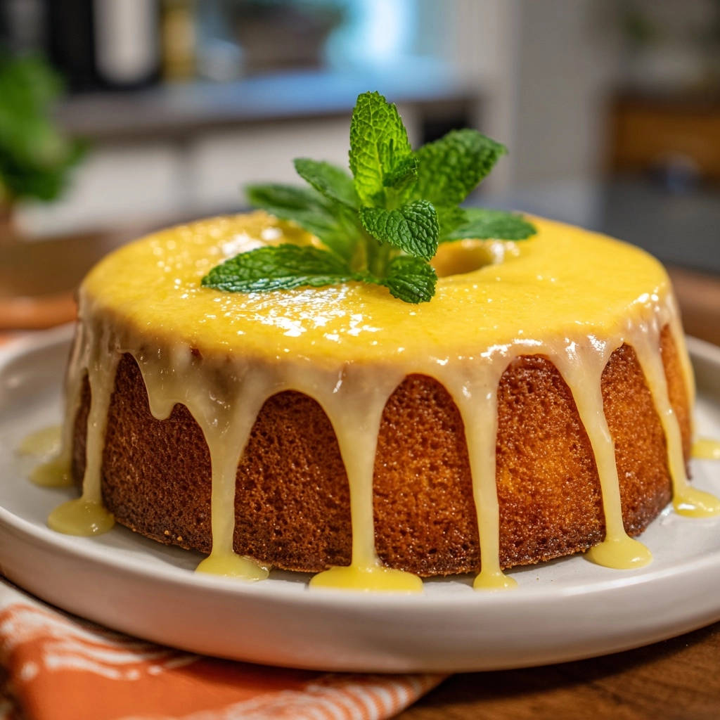 Rich lemon butter cake with a vibrant yellow glaze drizzled down the sides and fresh mint garnish on top.