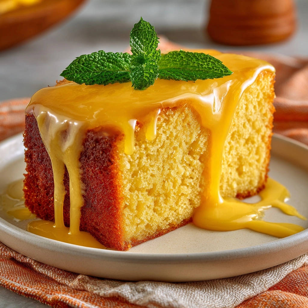 Rich Lemon Butter Cake served as a slice with bright yellow glaze and fresh mint garnish.
