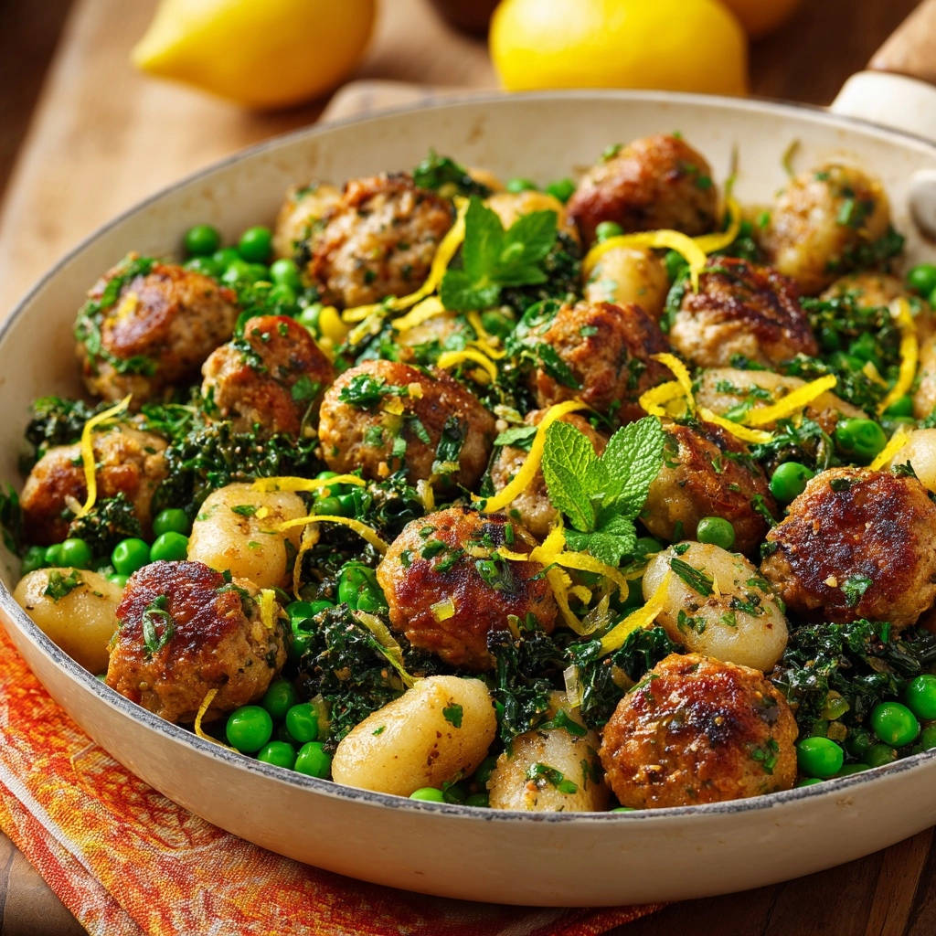 Lemon herb meatball skillet with gnocchi, featuring a close-up view of fresh mint and lemon zest garnish.