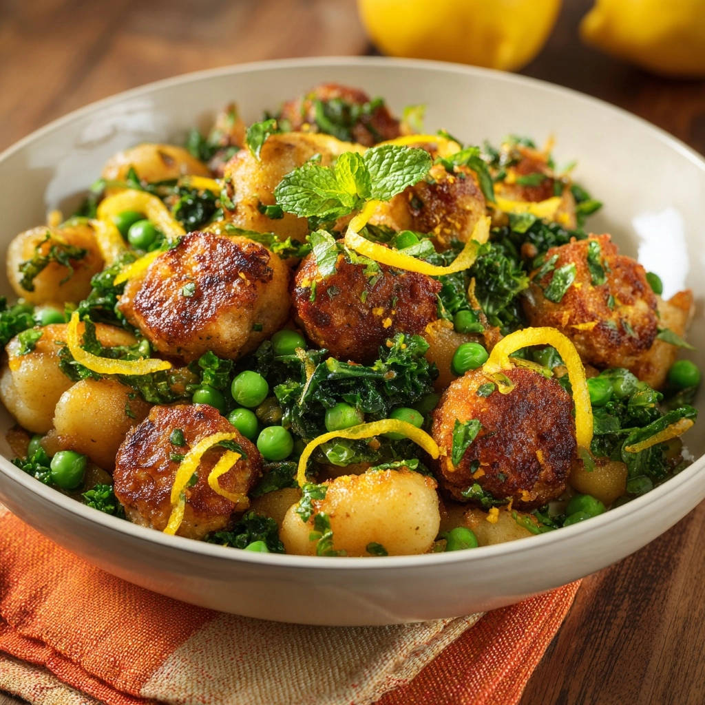 Lemon herb meatball skillet with gnocchi, showcasing tender meatballs, peas, and bright lemon zest garnish.