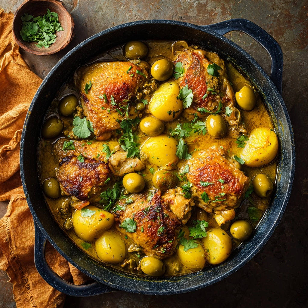 Mediterranean chicken and potato braise shown in a rustic pan with olives and fresh cilantro, overhead view.