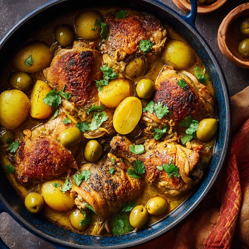 Mediterranean chicken and potato braise with olives and potatoes, shown in an overhead view in a blue pot.
