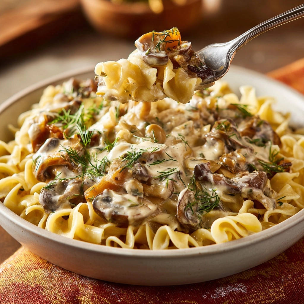 Hearty mushroom stroganoff noodles with a forkful lifted, showing the creamy sauce and herbs.
