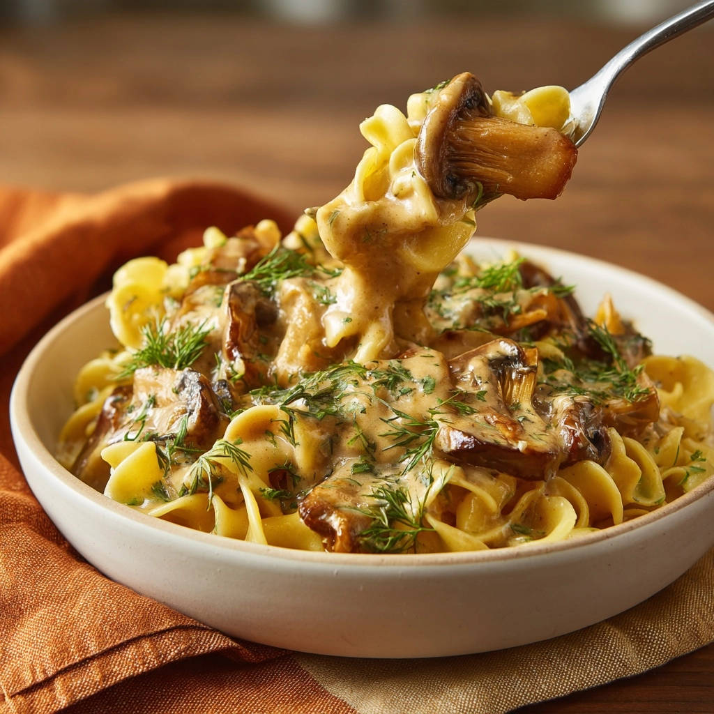 Hearty mushroom stroganoff noodles with a forkful lifted, showing creamy sauce and fresh dill garnish.