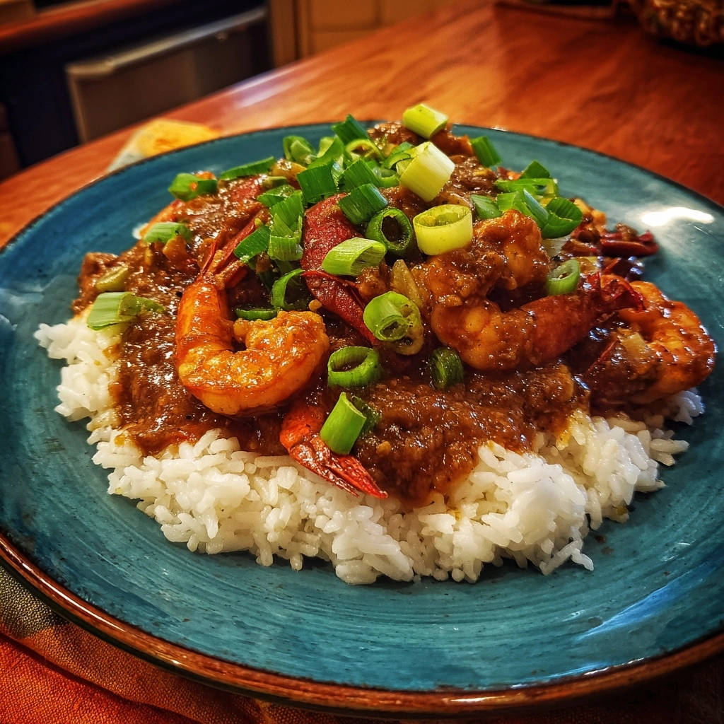 New Orleans Style Cajun Shrimp served on fluffy white rice and generously garnished with chopped green onions.