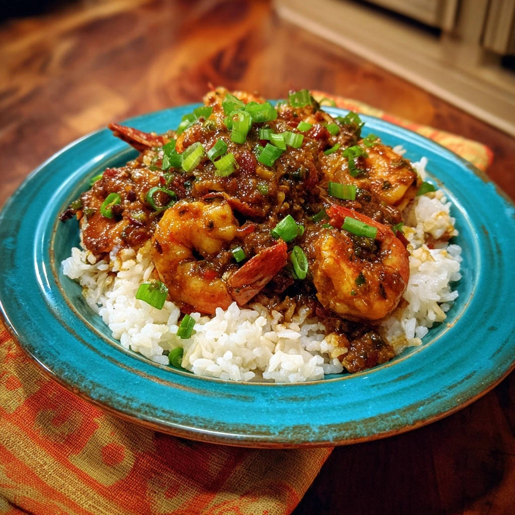New Orleans style Cajun shrimp served in a blue bowl over white rice, garnished with chopped green onions.