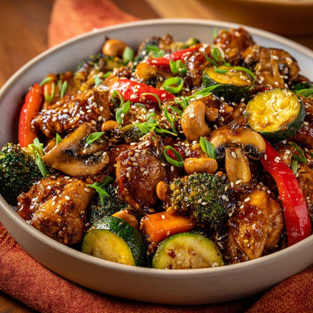 One-pan teriyaki chicken and veggies with a glossy sauce, garnished with sesame seeds and green onions.