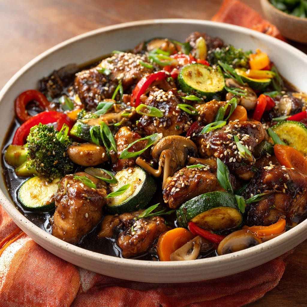 One-pan teriyaki chicken and veggies glistening in a glossy sauce, garnished with sesame seeds and scallions.