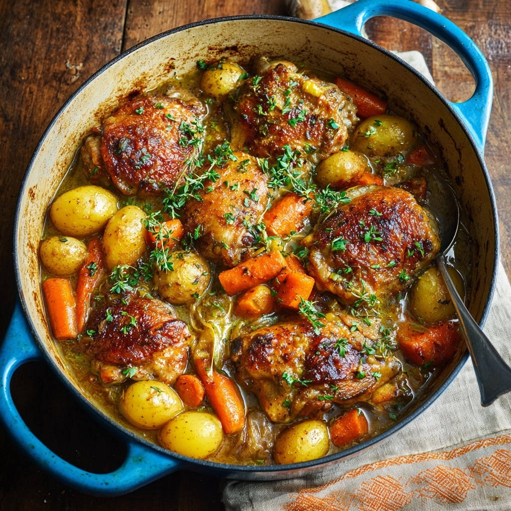 Oven-braised chicken thighs and root vegetables in a blue Dutch oven, shown from an overhead perspective with fresh herbs.