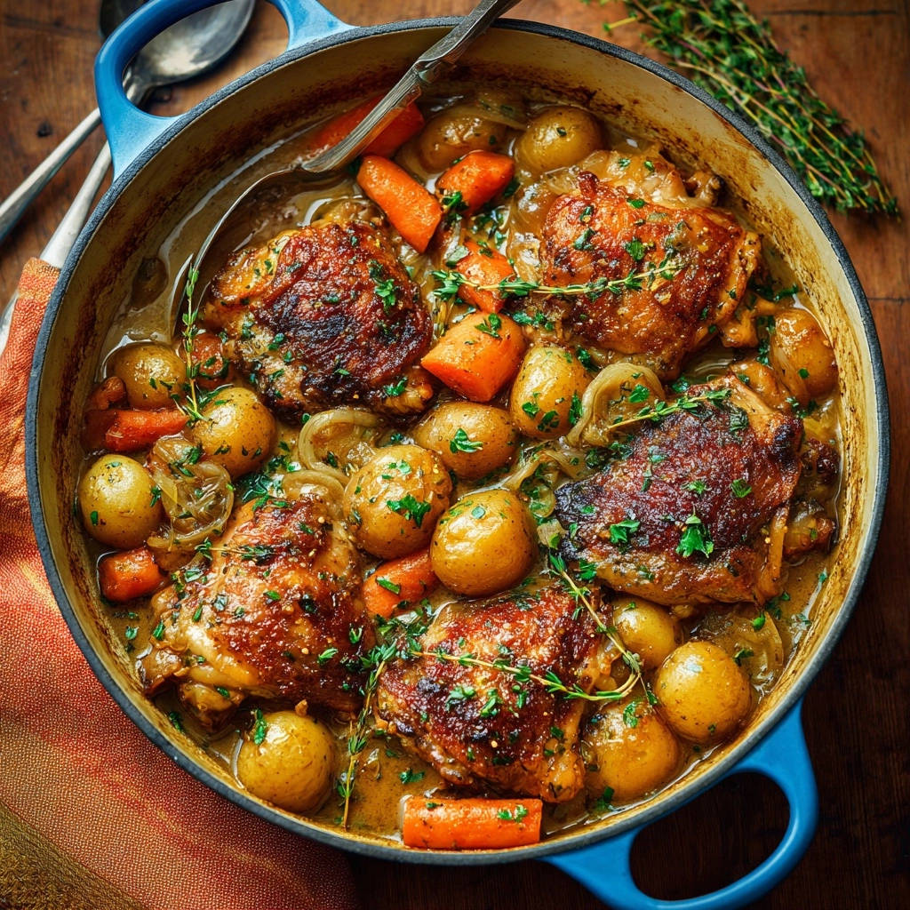 Oven-braised chicken thighs and root vegetables in a blue Dutch oven, seen from an overhead perspective.