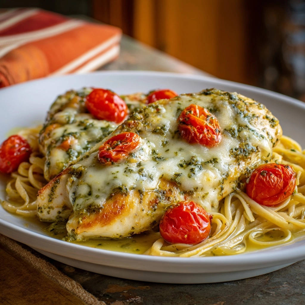 Oven-finished pesto chicken pasta featuring juicy chicken breast topped with melted cheese and cherry tomatoes, served over linguine.