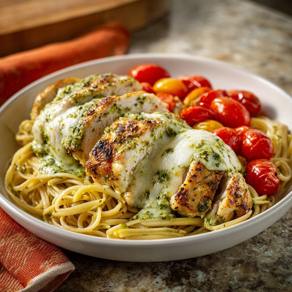 Oven-finished pesto chicken pasta with melted cheese, sliced to reveal juicy interior and served with spaghetti and tomatoes.