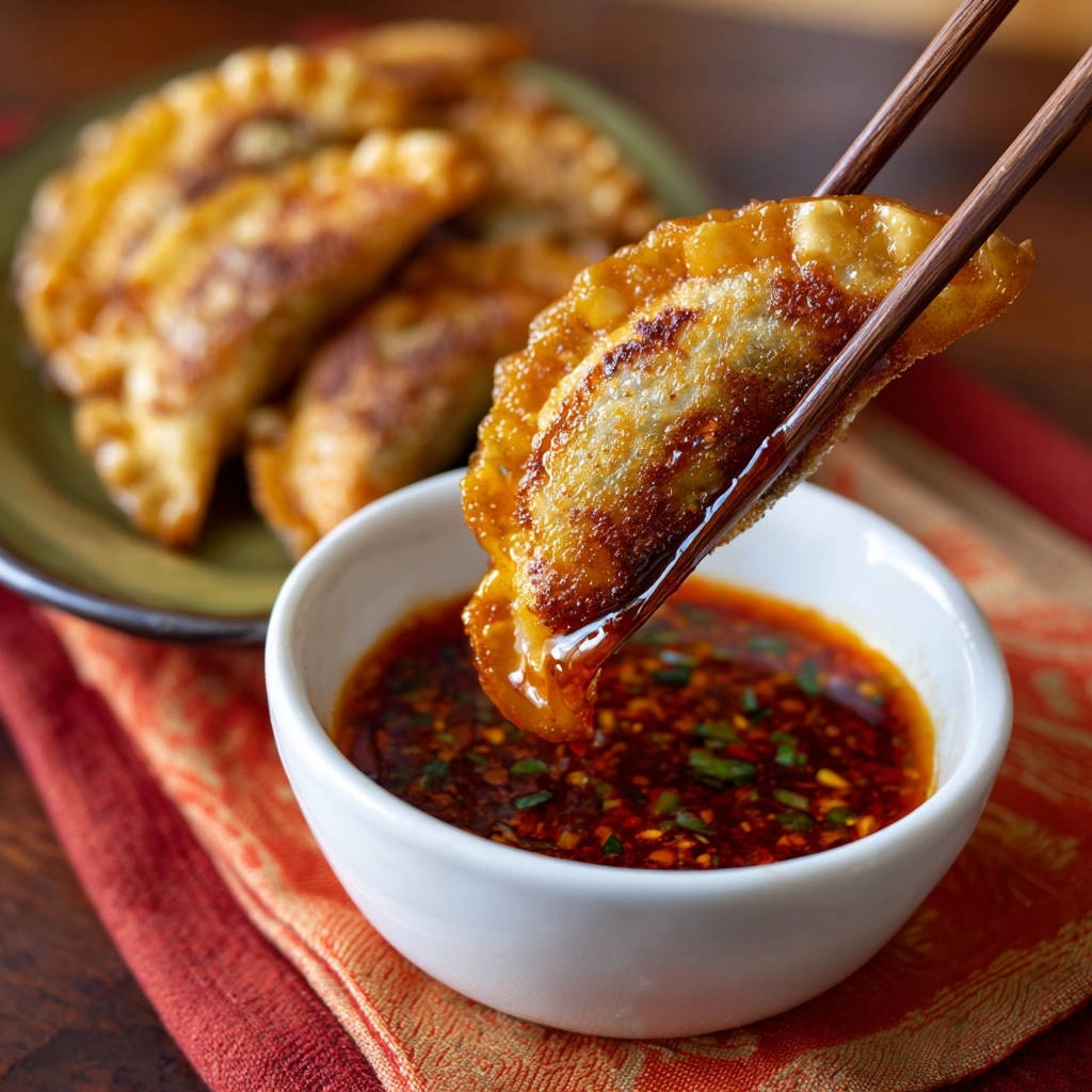 Crispy pan-fried chicken & veggie dumplings being dipped into a spicy chili oil sauce.