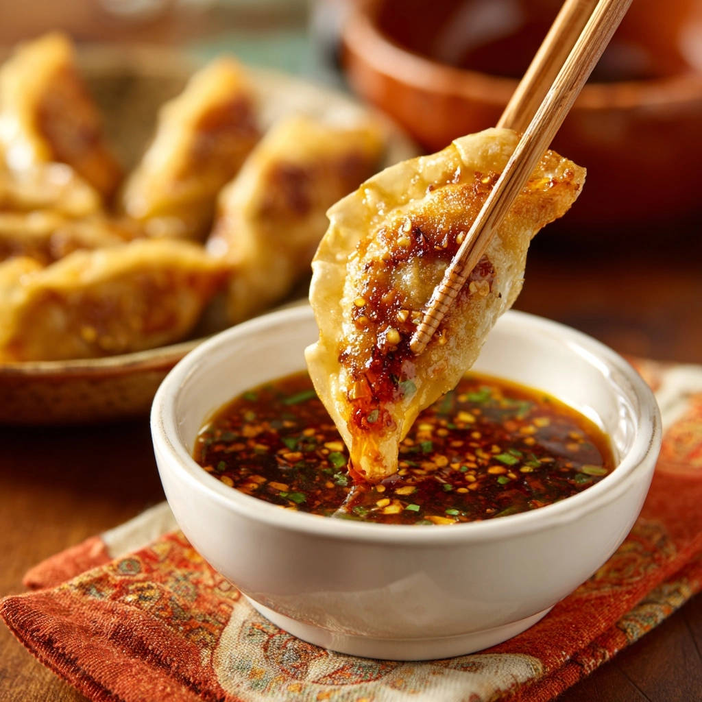 Pan-fried dumplings being dipped into a savory sauce with visible chili flakes and green onions.