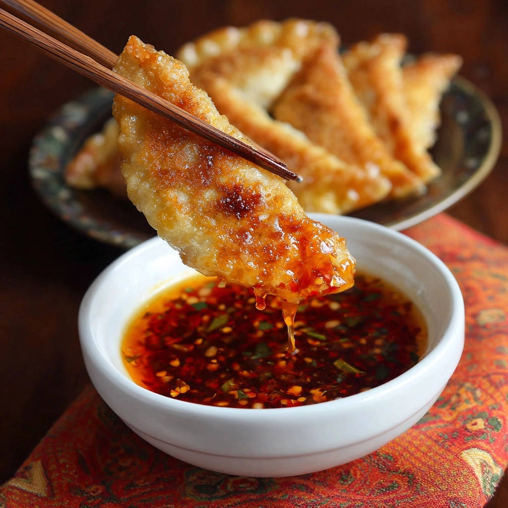Pan-fried dumplings being dipped into a flavorful chili oil dipping sauce with a golden crispy bottom.