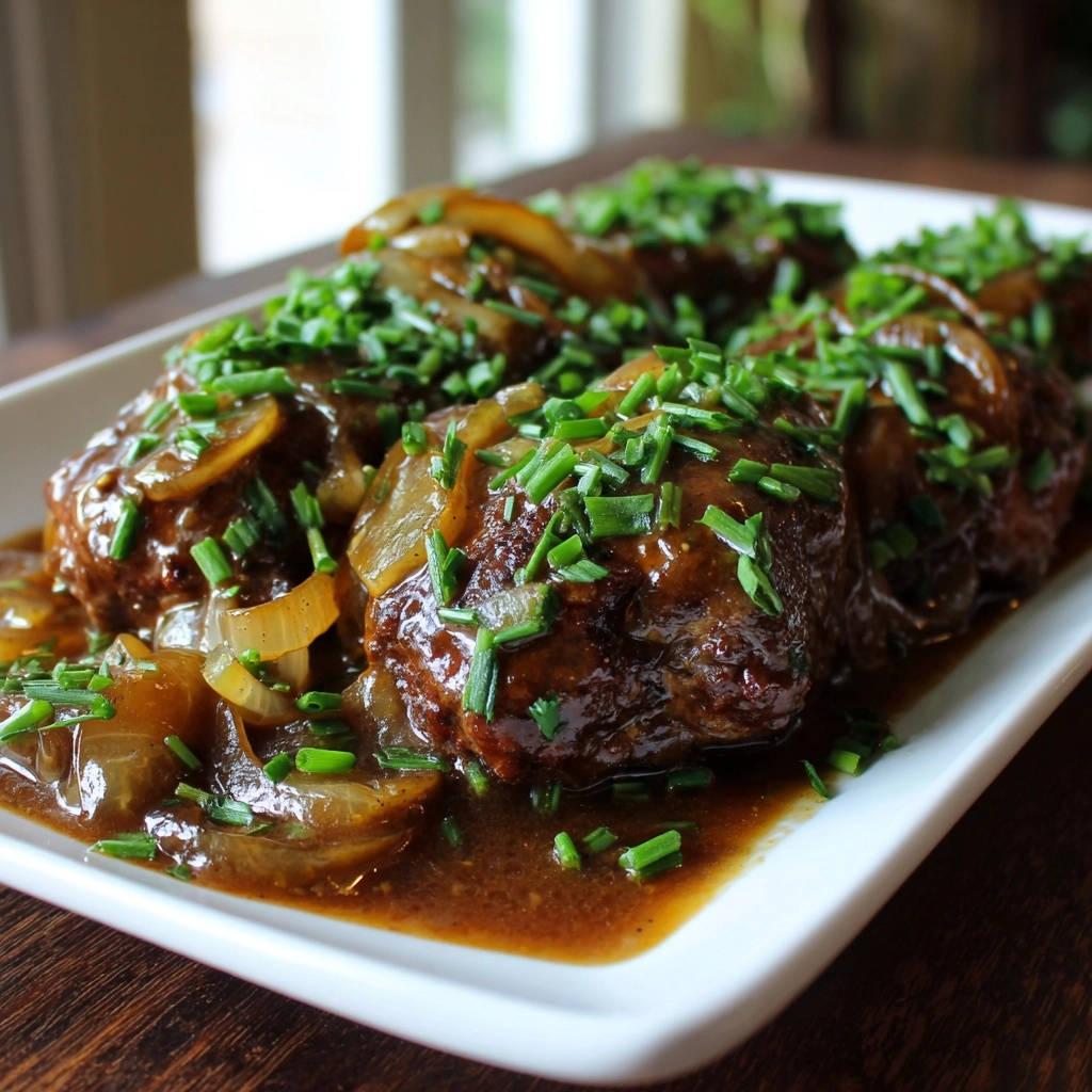 Pan-seared chicken cutlets with herb gravy, garnished with fresh chives and onions, served on a white plate.