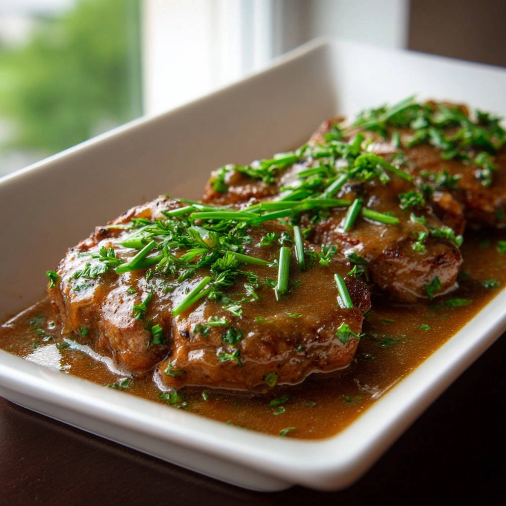 Pan-seared chicken cutlets with herb gravy shown in a close-up view, highlighting the fresh parsley and chive garnish.