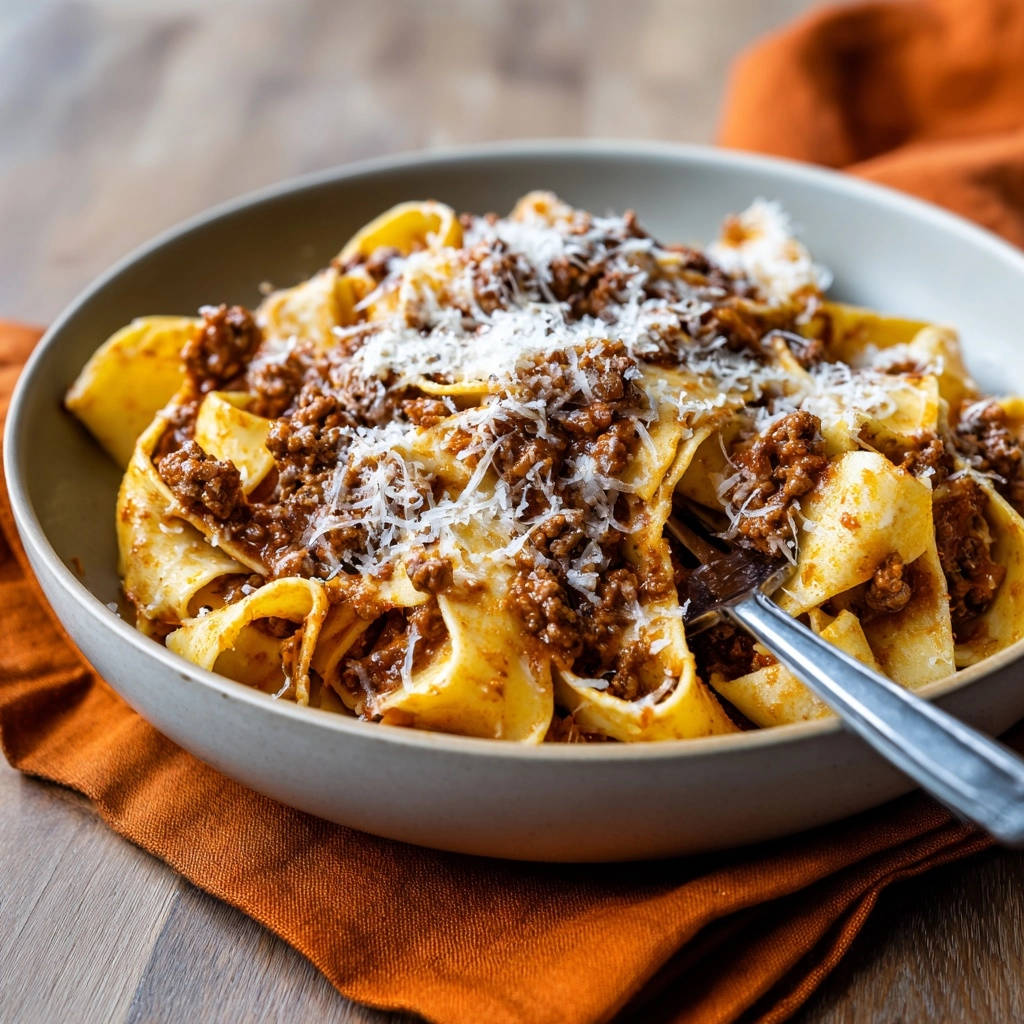 Pappardelle Bolognese with a fork twirling the pasta and rich meat sauce, topped with grated cheese.