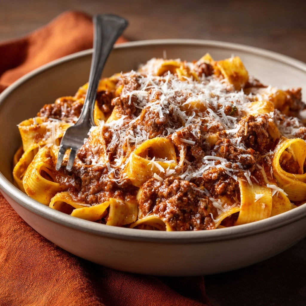 Pappardelle Bolognese with a fork twirling the pasta, generously topped with rich meat sauce and grated Parmesan cheese.
