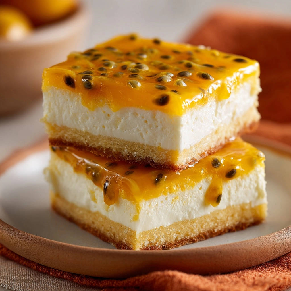 Tropical passion fruit cheesecake bars shown stacked, revealing a creamy white filling and passion fruit topping cross-section.