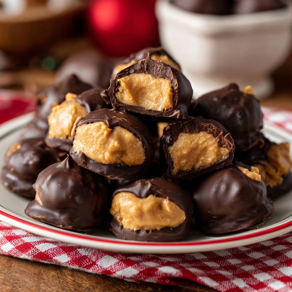Classic peanut butter buckeyes shown as a pile with a close-up cross-section revealing the peanut butter filling.