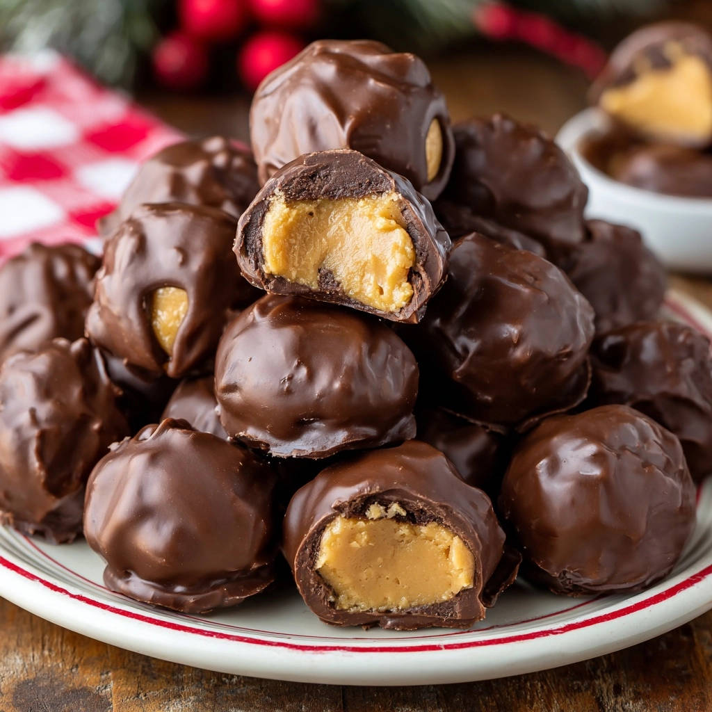 Classic peanut butter buckeyes shown in a close-up cross-section on a plate, revealing their creamy center.