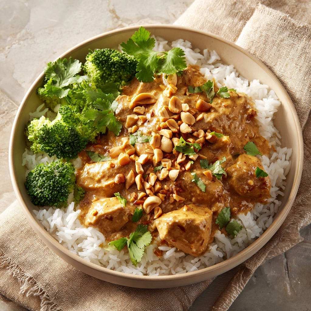 Peanut chicken and broccoli bowls with rice, topped with chopped peanuts and cilantro, viewed from directly above.
