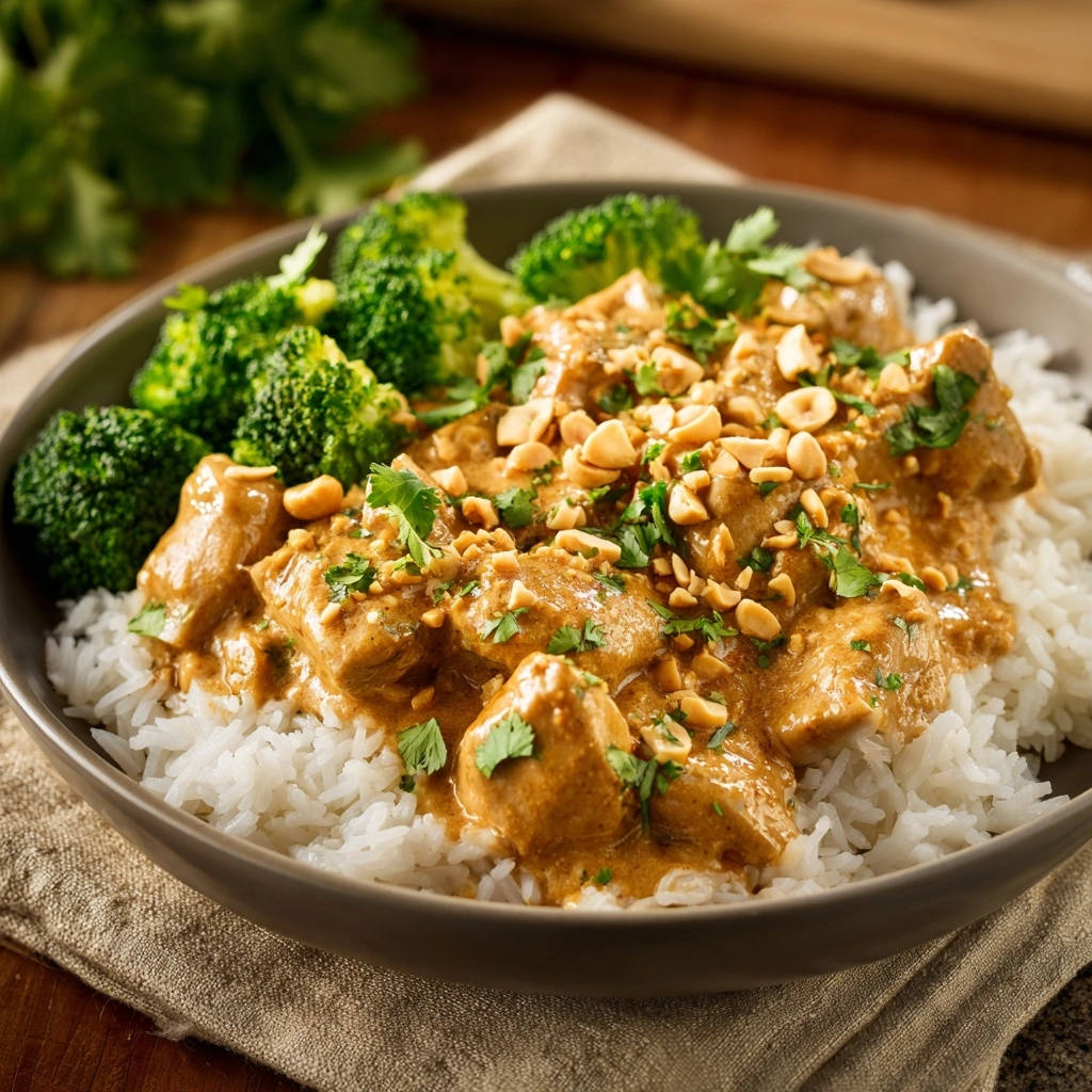 Peanut chicken and broccoli bowls with a close-up view of chopped peanuts and fresh cilantro garnish.
