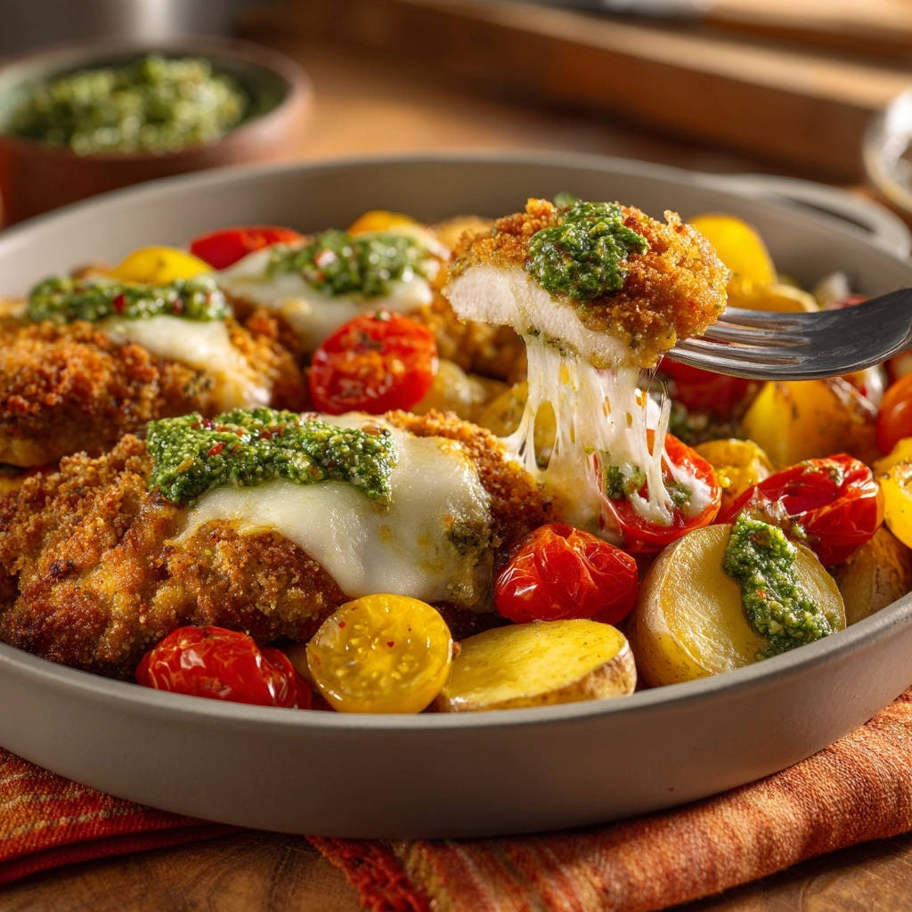 Pesto mozzarella chicken and roasted potatoes, featuring a close-up cross-section with a gooey cheese pull and fresh pesto topping.