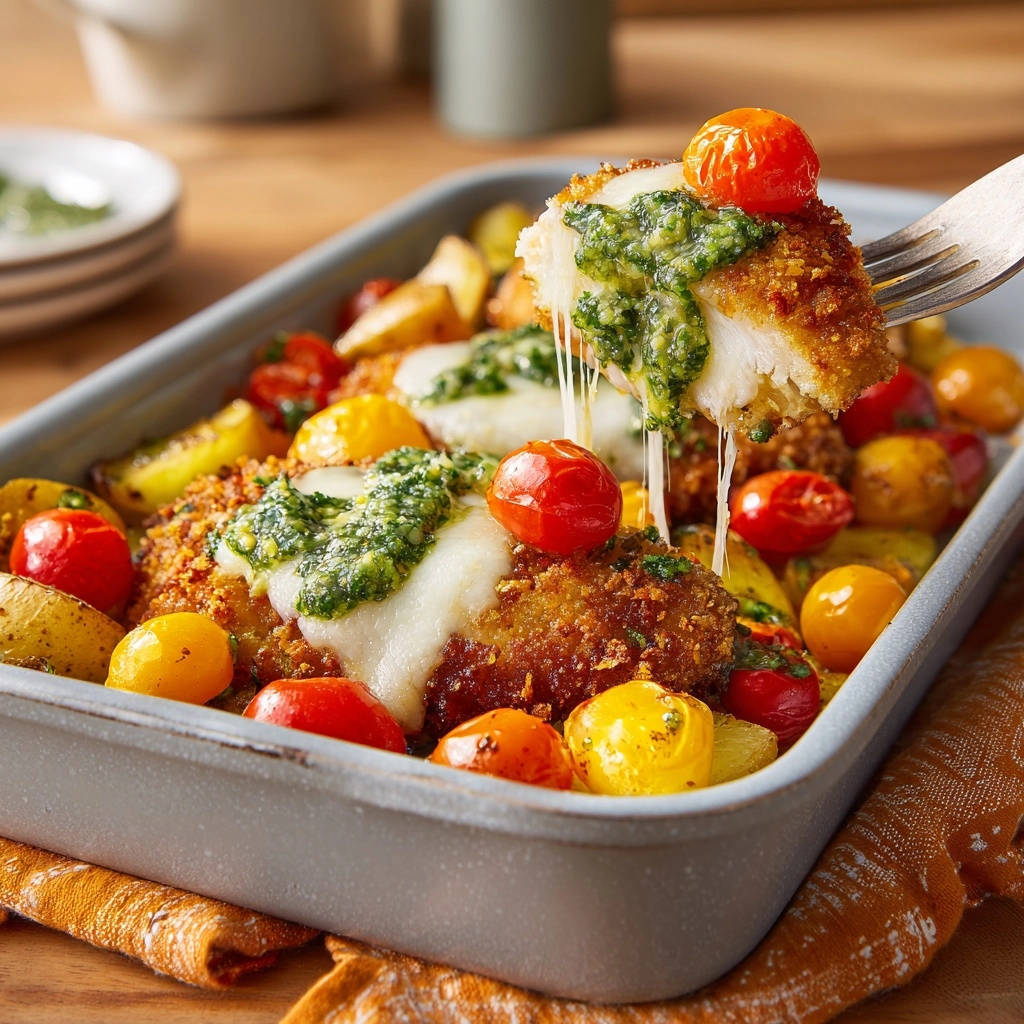 Pesto mozzarella chicken and roasted potatoes being pulled apart with a fork, showing melted cheese.