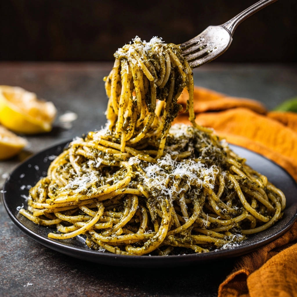 Classic Pesto Spaghetti twirled on a fork, showcasing its creamy sauce and grated cheese topping.