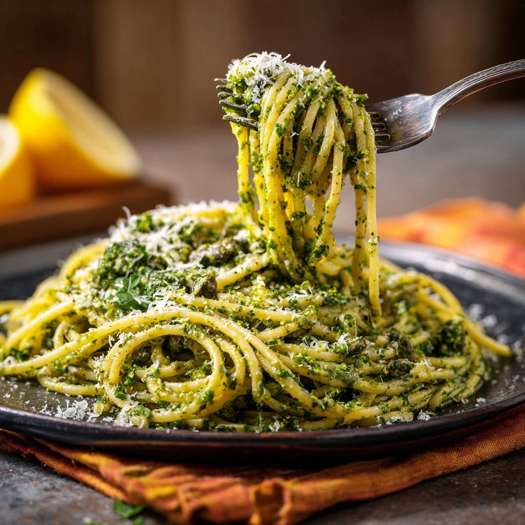 Classic pesto spaghetti being twirled onto a fork, showcasing creamy pesto and fresh basil.